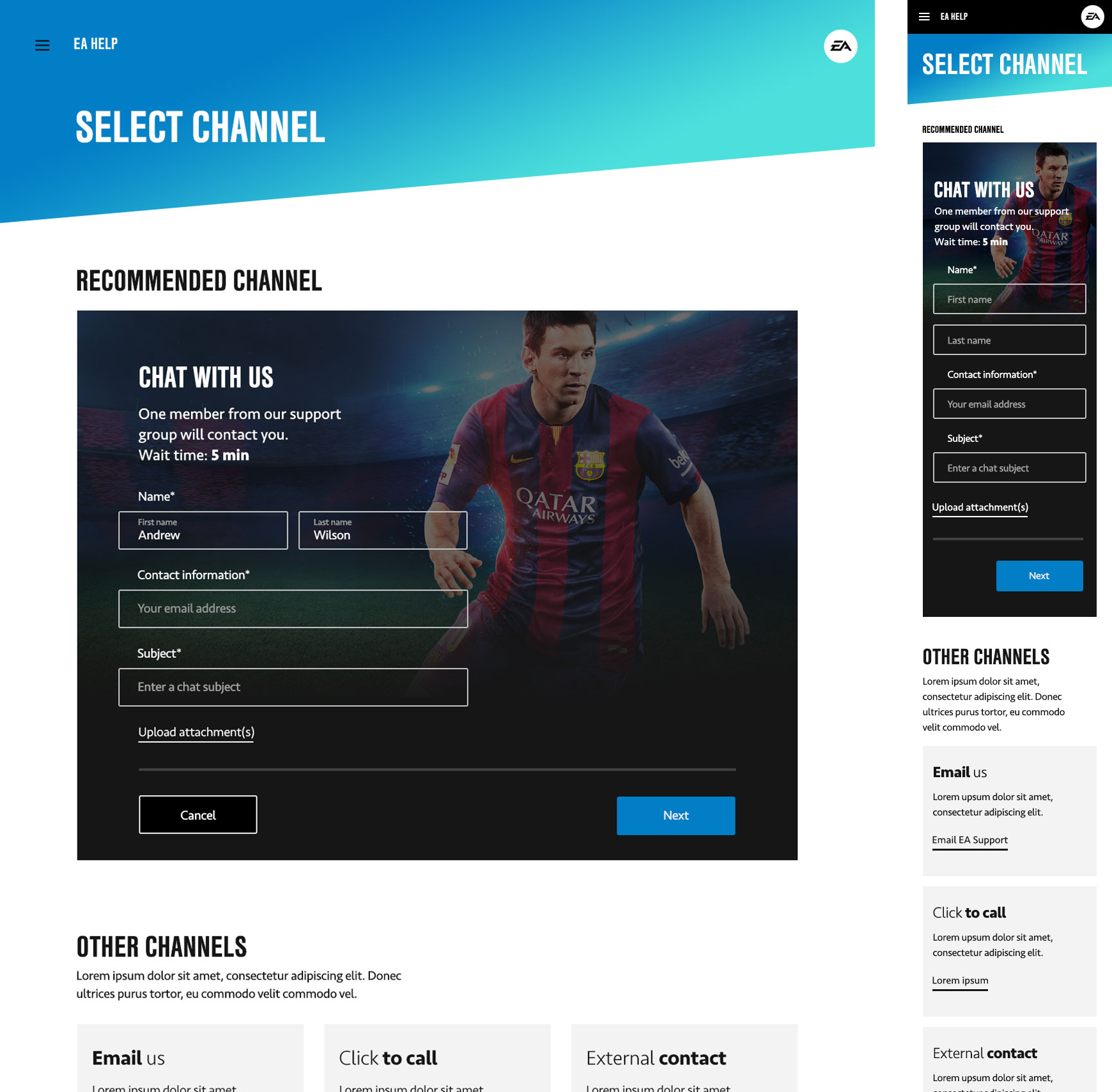 EA Help contact screen